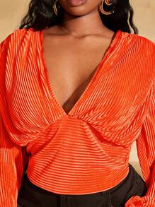 SHEIN SXY Áo cổ chữ V sâu cỡ lớn có họa tiết xếp li và tay áo đèn lồng - Màu Cam cháy - Xem 3