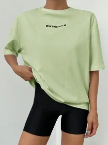 SHEIN Cottnline Butterfly & Letter Pattern Print Drop Shoulder T-shirt For Women - Mint Green - View 2