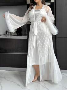 SilkySpell 2pcs Heart Pattern Mesh Robe With Wide Sleeves And Satin Slip Dress Set White Set - White - View 3