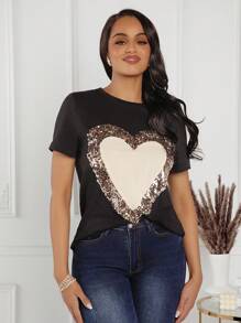 SHEIN Lady Women's Casual Round Neck Heart Sequin T-Shirt