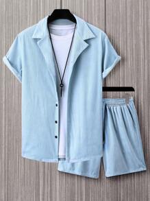 Manfinity Homme Men Plus Size Solid Color Short Sleeve Shirt And Shorts Set - Blue - View 3