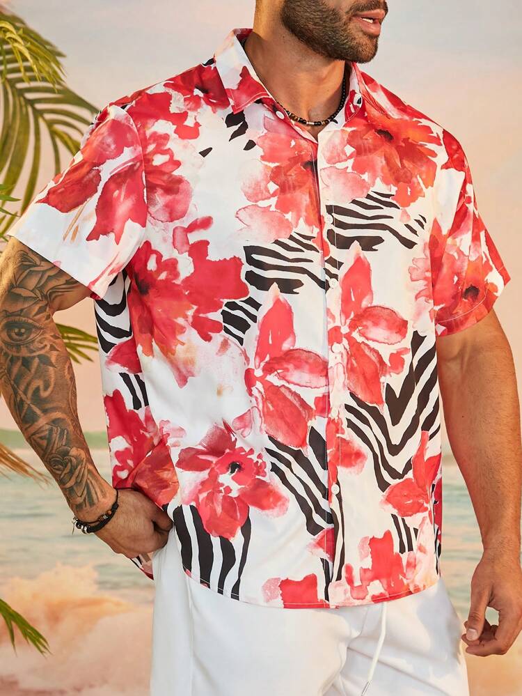 Plus Size Asymmetric Digital Printed Short Sleeve And Shorts Set