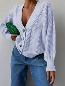 EURMUSE Solid Drop Shoulder Cable Knit Cardigan - Baby Blue - View 6