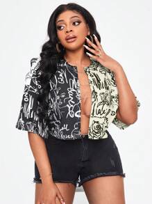 Slaydiva 夏季加大号图案及字母落肩链条细节 T 恤 - 黑與白 - 查看 1