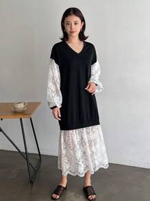 FRIFUL Designer 女士宽松V领撞色灯笼袖荷叶边连衣裙，春秋季吊带裙，休闲女式长袖连衣裙 - 黑色 - 查看 4