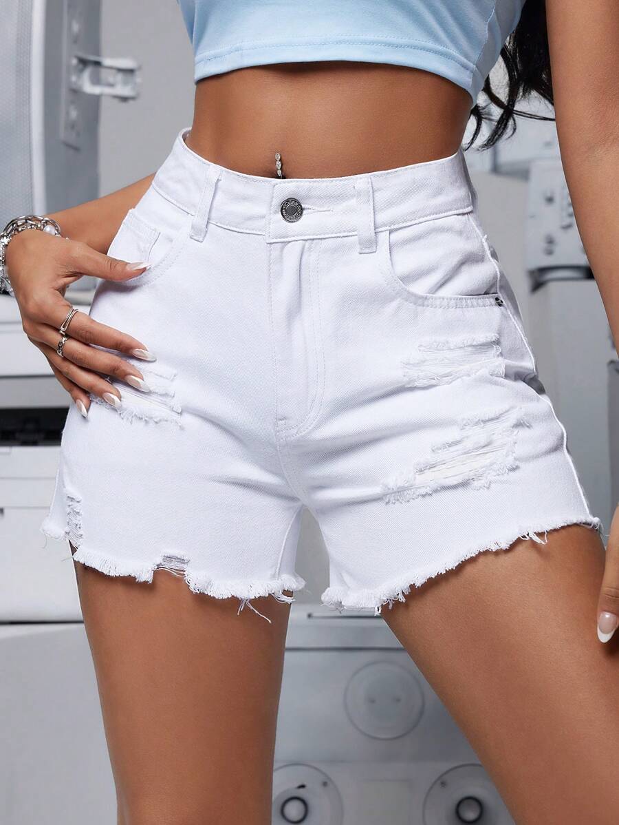 SHEIN PETITE Women's Distressed Denim Shorts With Pockets, Casual - White - View 1