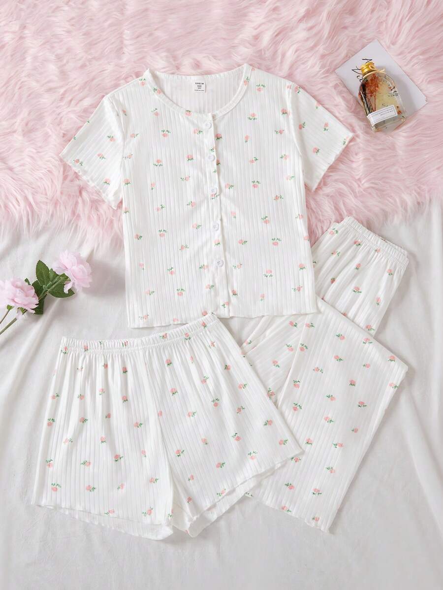 Tween Girl Simple Flower Printed Shorts And Pants With Short Sleeve Casual 3pcs Home Wear Set - Multicolor - View 1