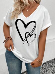 INAWLY Camiseta de verano para mujer talla grande, con cuello en V, estampado de corazones y mangas enrolladas, camisetas gráficas para mujer - Blanco - Ver 3