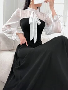 Modelyn Váy dài tay bèo nhún phối màu thanh lịch cho nữ mùa xuân/hè, váy dạ hội dài - Nhiều màu - Xem 4