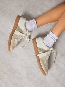 SHUZIA Giày thể thao nữ Replica Germany Trainer Retro buộc dây mũi tròn đế cao su màu be vàng – Giày mùa hè Giày mùa xuân Valentine thiết yếu cho ngày lễ năm mới cổ điển và đa năng - Màu be - Xem 4