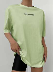 SHEIN Cottnline Butterfly & Letter Pattern Print Drop Shoulder T-shirt For Women - Mint Green - View 4