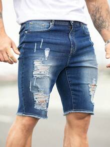 Manfinity Homme Men Plus Size Simple Daily Ripped Denim Shorts - Blue - View 4