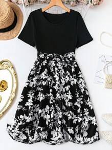 SHEIN Clasi Plus Size Vacation Leisure Color Block Floral Print Short Sleeve Dress With Patchwork Design - Multicolor - View 1