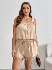 SHEIN Essnce Plus Size Summer Two Sets, Linen Short Two Sets,Summer Outfits Shorts Set ,Summer Clothes Linen Pants Petite Summer Crop Tops Linen Set,Summer Women Two Pieces Set Shorts - Khaki - View 5