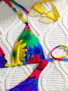 Swim Vcay 夏季海滩加大码女式度假花卉印花露背性感比基尼套装，度假比基尼套装 - 彩色 - 查看 4