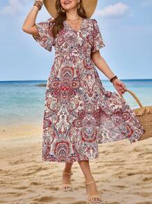 SHEIN Frenchy Vintage Style Printed V-Neck Vacation Dress For Plus Size Women - Multicolor - View 9