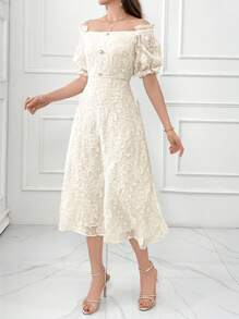 Modelyn Elegantes Sommerkleid für Damen in einfarbigem Jacquard-Design mit Carmen-Ausschnitt, gerafften Rüschenärmeln und Taillenabnäher