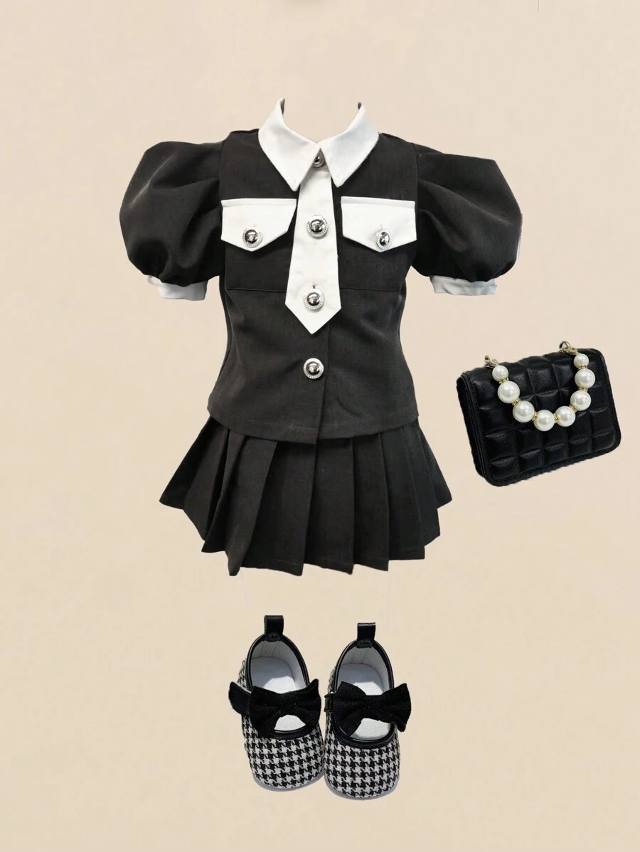 SHEIN Young Girl Two Tone Puff Sleeve Top & Pleated Skirt Set - Black - View 1