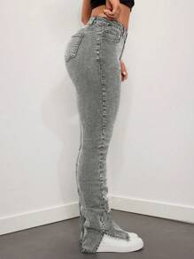 SHEIN ICON High Waisted Flared Jeans With Slit Hem - Light Grey - View 3