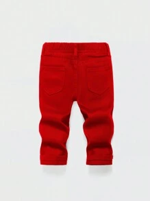 SHEIN Baby Boys' Casual Loose Mid-Waist Printed Straight Leg Jeans With Rubber Print - Red - View 2