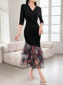 Modelyn Ladies' Fashionable Elegant V-Neck Bodycon Printed Splice Dress Long Evening Dresses
