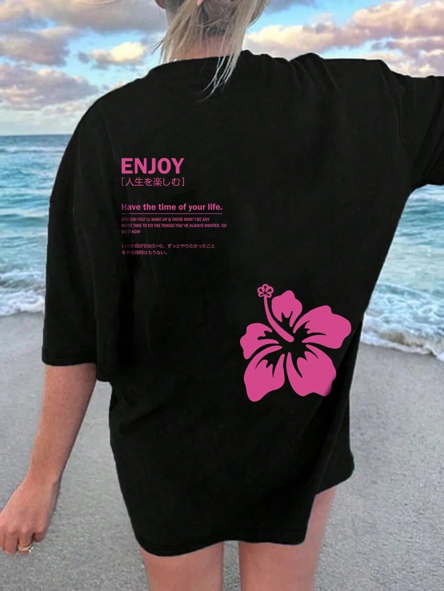 INAWLY 女士宽松短袖 T 恤享受人生美好时光 - 黑色 - 查看 1