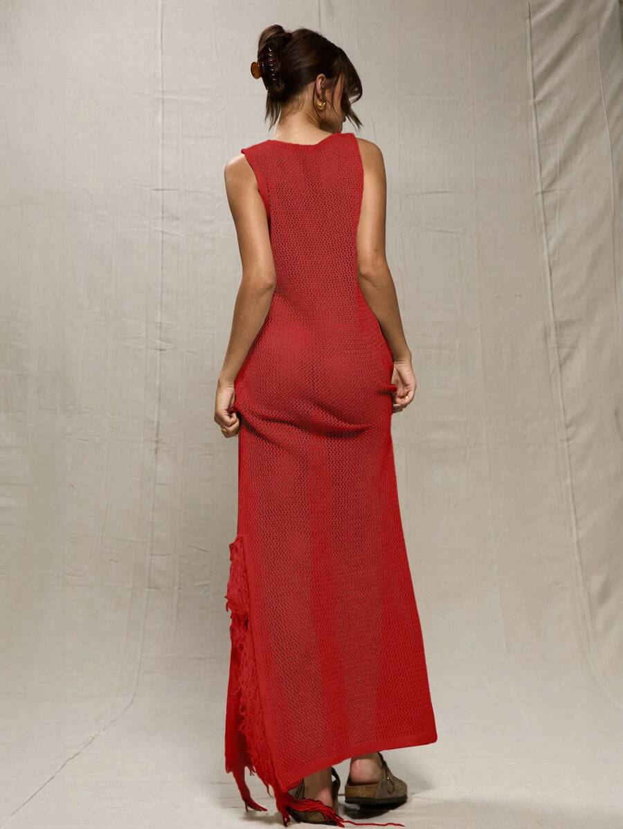 MUSERA Vestido largo de manga larga tejido a crochet en rojo - Rojo - Ver 1