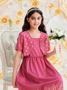 Bộ áo ngắn tay in họa tiết lá vàng thanh lịch của Tween Girl và váy suông cho mùa hè - Màu Hồng Tươi - Xem 4