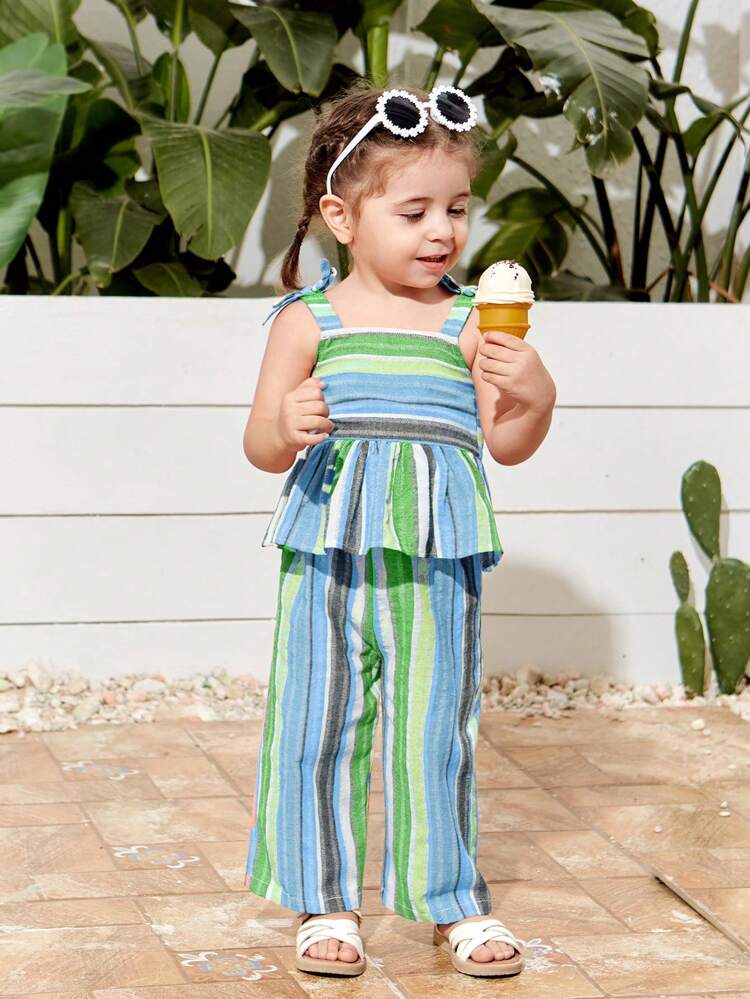 Baby Girl Summer Vacation Striped Tank Top & Elastic Waist Long Pants Outfits