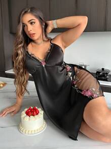 SilkySpell Robe de nuit sexy en imitation soie avec fente latérale haute, broderie et dentelle, grande taille