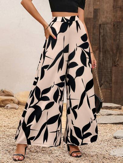 Breezaya High Waisted Wide Leg Pants With Plant Print Fall Cloth For Women