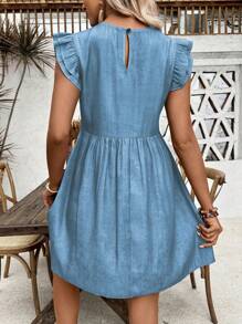 Breezaya Solid Color Round Neck Ruffle Trim Casual Summer Dress - Light Wash - View 2