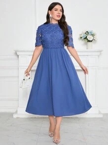 Modelyn Plus Size Solid Color Stand Collar Lace Splicing Elegant Short Sleeve Dress For Summer - Blue - View 4