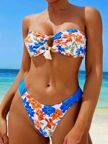 Swim Lushoire Conjunto de bikini sexy con estampado floral y escote halter para mujer en verano