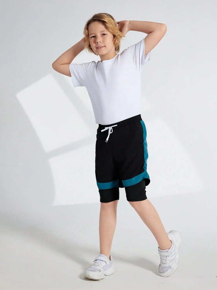 Tween Boy Color Block Drawstring Casual Daily Wear Sports Shorts