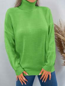EURMUSE Turtleneck Drop Shoulder Jumper Without Necklace - Green - View 3