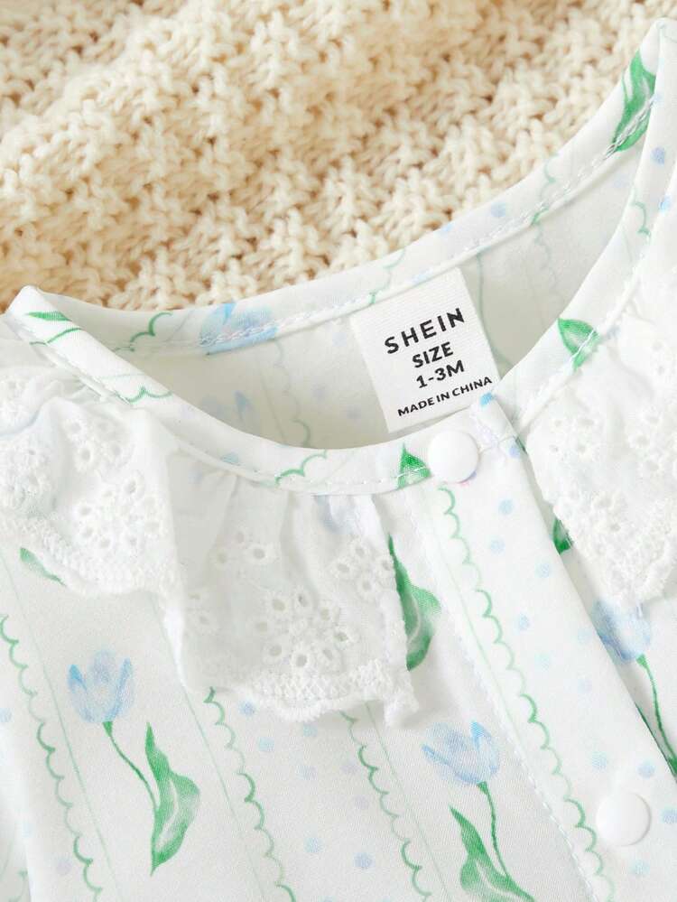 Baby Girl Printed Lantern Sleeve Casual Homewear With Ruffle Hem And Single-Breasted Button