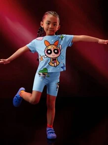 THE POWERPUFF GIRLS X SHEIN 夏季少女卡通圖形拼接下擺寬大T恤和摩托車短褲套裝 - 藍色 - 查看 6