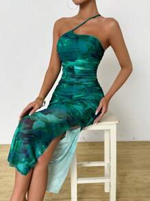 Chiquease 女士夏季扎染印花单肩优雅连衣裙，腰部褶皱长款女士服装 - 綠色 - 查看 6