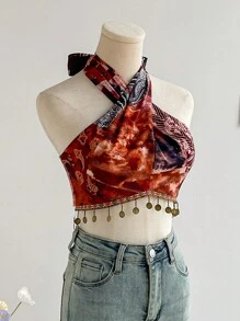 Soleia WYWH Women Vacation Style Brown Color Paisley Bohemian Print Cross Front Tie Neck Decorative Metal Copper Tassel Hem Camisole - Multicolor - View 3