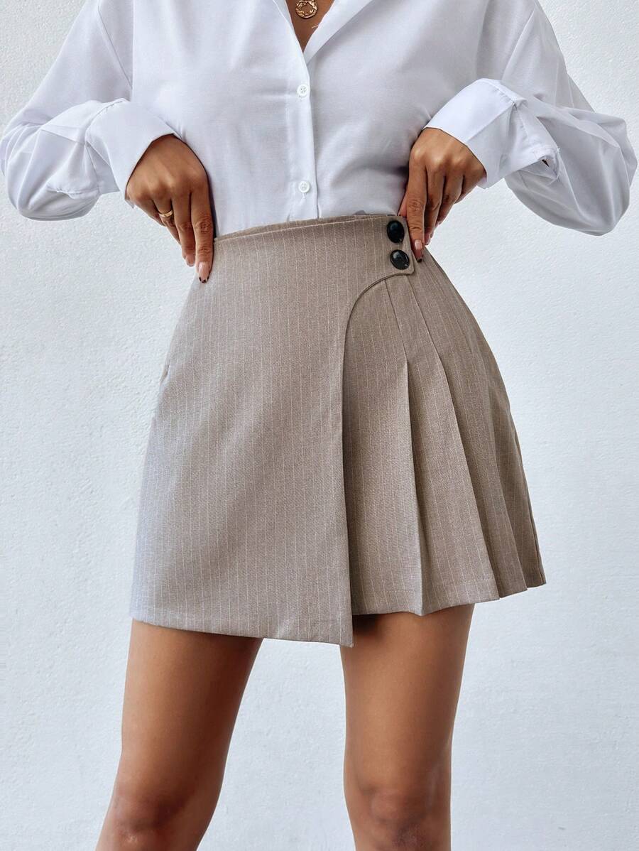 EURMUSE Women's Casual Striped Wrapped Pleated Skirt, Summer - Beige - View 1