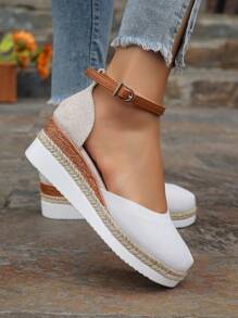 Sandalias tejidas de talla grande para mujer con unicolor empalmado, punta cerrada, correa ligera y cuña elegante con suela gruesa - Blanco - Ver 5