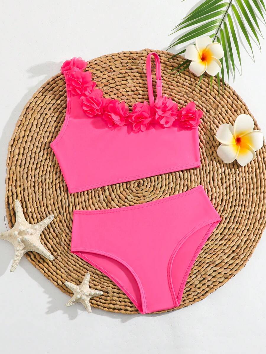 年轻女孩纯色 3D 花朵装饰比基尼套装，夏季新品 - 粉色 - 查看 1