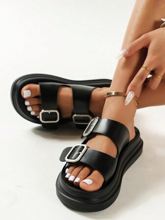 Flat Sandals With Thick And Soft Soles, Buckle Decoration And Open Toe