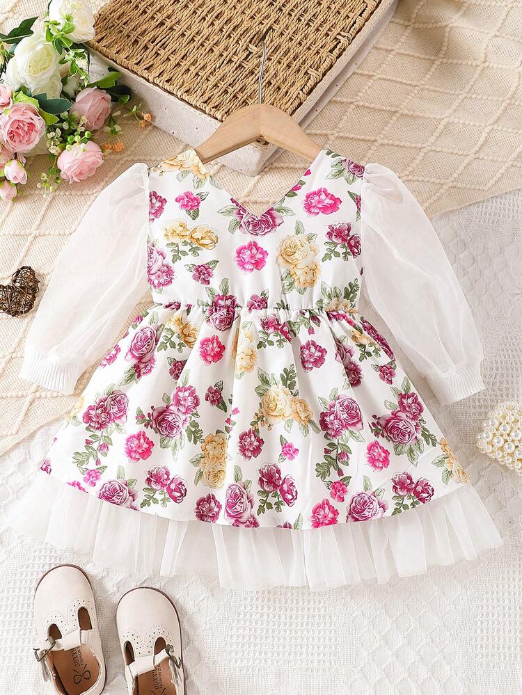 Baby Girl Elegant Flower Printed Mesh Contrast Puff Sleeve Waist-Cinched Dress, Summer