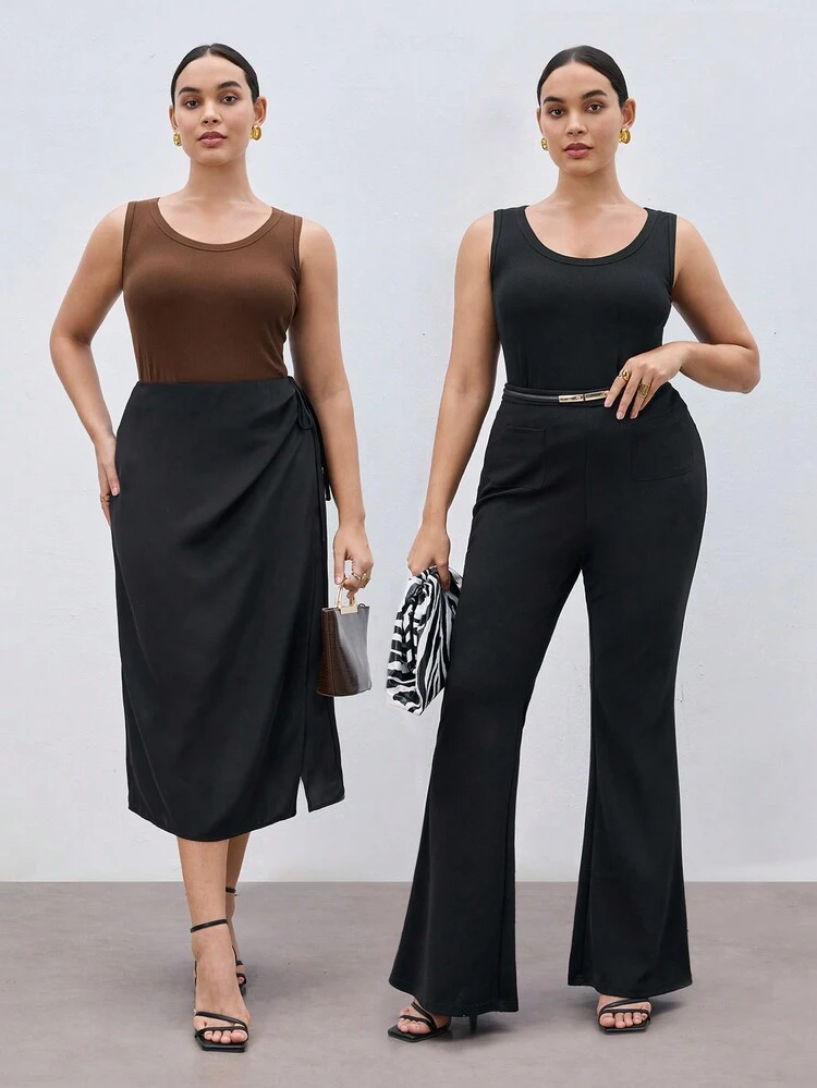 Plus Size Summer Slimming Solid Color Black/Brown Leisure Tank Top, Multipack For Summer