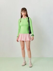 SHEINNeu Women's Casual Sports Round Neck Knitted Green Tight Long Sleeve T-Shirt - Green - View 2