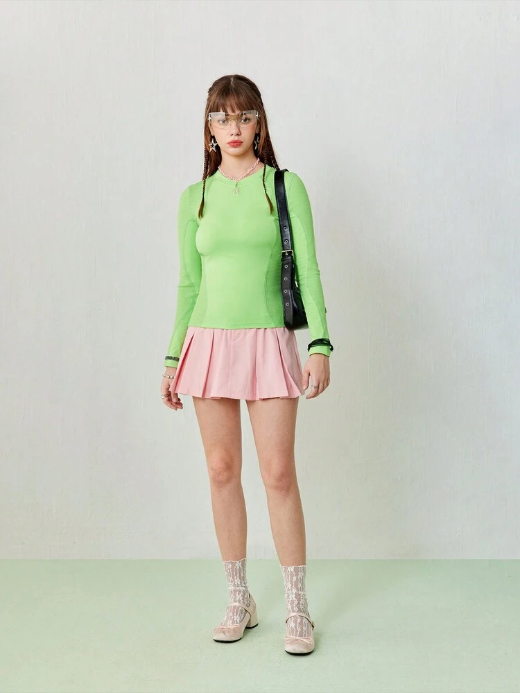 Women's Casual Sports Round Neck Knitted Green Tight Long Sleeve T-Shirt