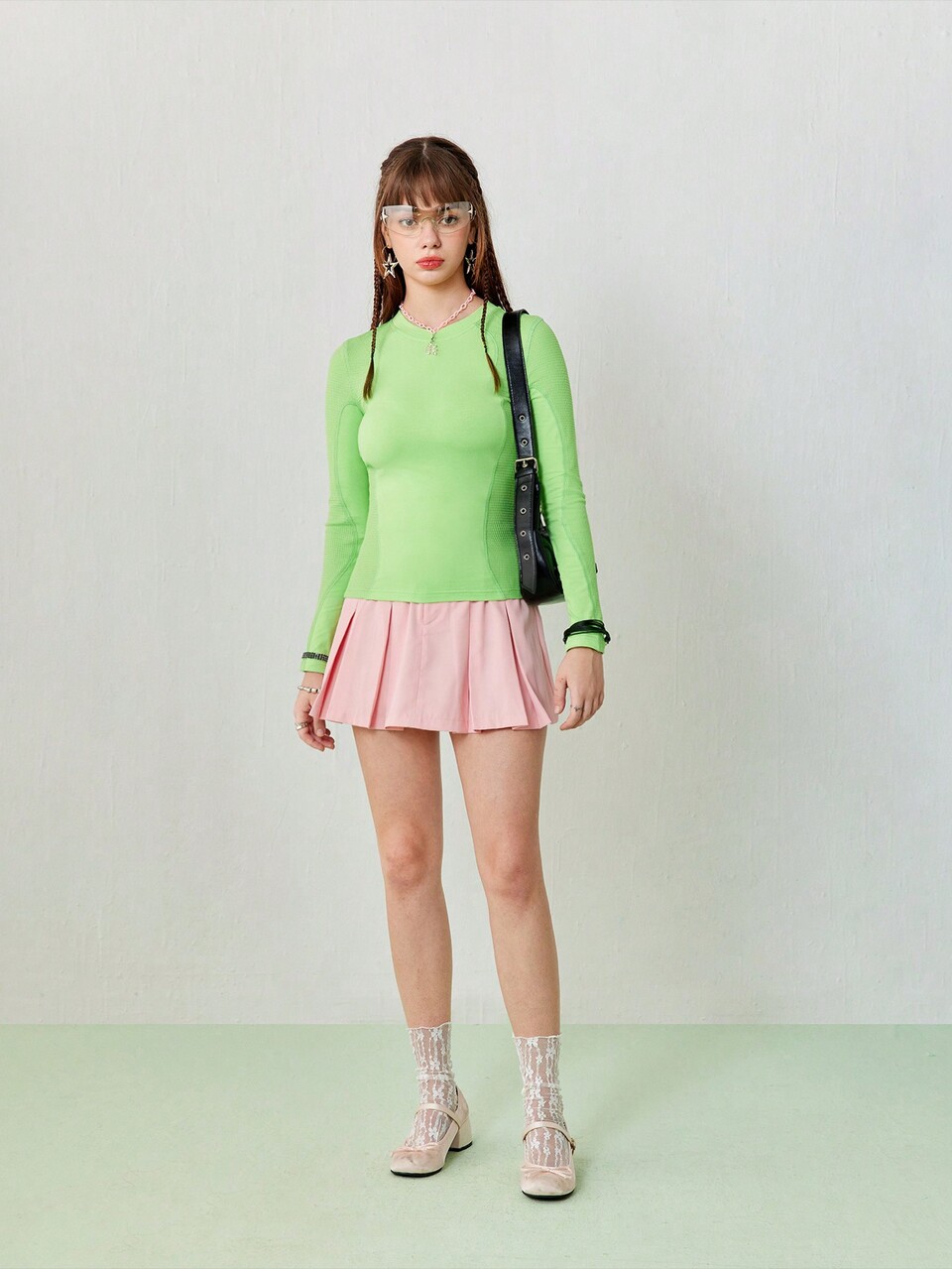 Women's Casual Sports Round Neck Knitted Green Tight Long Sleeve T-Shirt