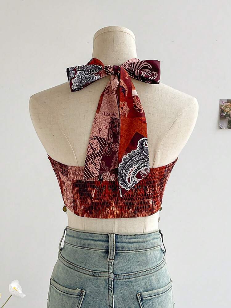 WYWH Women Vacation Style Brown Color Paisley Bohemian Print Cross Front Tie Neck Decorative Metal Copper Tassel Hem Camisole